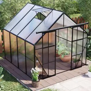 Plant Green House with Double Door and Drainage Gutter System for Backyard, Lawn, Outdoor Plant Tent with Adjustable Roof and Thick Polycarbonate Board for Growing Flowers, Vegetables (Black 8*8FT) Plant Green House with Double Door and Drainage Gutter System for Backyard, Lawn, Outdoor Plant Tent with Adjustable Roof and Thick Polycarbonate Board for Growing Flowers, Vegetables (Black 8*8FT)