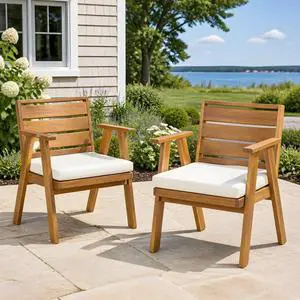 Sleek Acacia Wood Patio Dining Chairs w/Removable Cushions for Garden, Modern Outdoor Seating Chairs w/Solid Wood Slatted Frame & Ergonomic Backrest for Porch, Deck, Set of 2 (Armchairs) Sleek Acacia Wood Patio Dining Chairs w/Removable Cushions for Garden, Modern Outdoor Seating Chairs w/Solid Wood Slatted Frame & Ergonomic Backrest for Porch, Deck, Set of 2 (Armchairs)