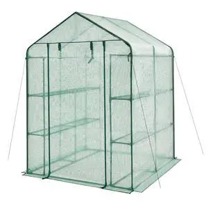 Green Walk-in Greenhouse with PE Cover and Roll-Up Zipper Door for Lawn, Poolside, Outdoor Plant Tent with 2 Tiers and 8 Shelves for Yard, Backyard, Porch Green Walk-in Greenhouse with PE Cover and Roll-Up Zipper Door for Lawn, Poolside, Outdoor Plant Tent with 2 Tiers and 8 Shelves for Yard, Backyard, Porch