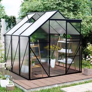 Outdoor Patio Greenhouse with Sliding Door and Drainage Gutter System for Lawn, Backyard, Garden, Green House with Aluminum Frame and an Adjustable Roof for Growing Flowers, Plants (Black 6*6FT) Outdoor Patio Greenhouse with Sliding Door and Drainage Gutter System for Lawn, Backyard, Garden, Green House with Aluminum Frame and an Adjustable Roof for Growing Flowers, Plants (Black 6*6FT)