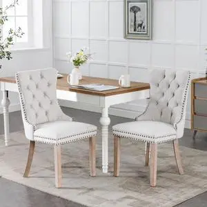 Dining Chairs Set of 2,Comfortable Upholstered Kitchen Chairs Button Tufted Dinner Chair w/High Backrest &Solid Wood Legs for Dining Room,Armless Leisure Chair w/Padded Seat for Living Room (Beige) Dining Chairs Set of 2,Comfortable Upholstered Kitchen Chairs Button Tufted Dinner Chair w/High Backrest &Solid Wood Legs for Dining Room,Armless Leisure Chair w/Padded Seat for Living Room (Beige)