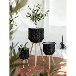 Planter Set with Wooden Legs and Rope Texture for Backyard, Living Room, Lawn, Outdoor Flower Pot Set with Classic Design for Growing Flowers, Herbs, Plants (Black + Wood+Rattan+Plastic) Planter Set with Wooden Legs and Rope Texture for Backyard, Living Room, Lawn, Outdoor Flower Pot Set with Classic Design for Growing Flowers, Herbs, Plants (Black + Wood+Rattan+Plastic)