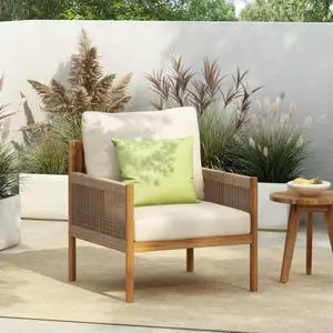 Modern Natural Wooden Patio Dining Armchair w/Removable Beige Cushions for Garden, Solid Wood Outdoor Accent Chair w/Woven Rope Backrest & Armrests for Porch, Balcony, Deck (Natural) Modern Natural Wooden Patio Dining Armchair w/Removable Beige Cushions for Garden, Solid Wood Outdoor Accent Chair w/Woven Rope Backrest & Armrests for Porch, Balcony, Deck (Natural)