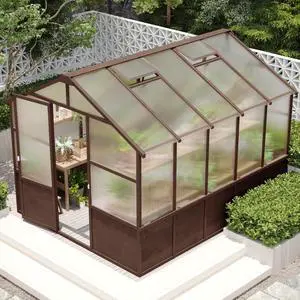 Wooden Walk-in Greenhouse with Lockable Door and Adjustable Roof Vents for Lawn, Backyard, Outdoor Green House with Thick Polycarbonate Panel for Fruits, Plants, Flowers (Dark Coffee) Wooden Walk-in Greenhouse with Lockable Door and Adjustable Roof Vents for Lawn, Backyard, Outdoor Green House with Thick Polycarbonate Panel for Fruits, Plants, Flowers (Dark Coffee)