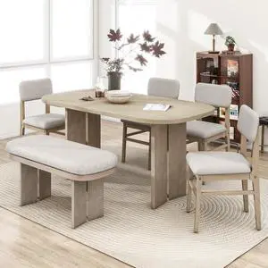 6-Piece Dining Table Set with Rectangular Table and Four Upholestered Chairs & One Bench for Home Restaurant, Ergonomic Kitchen Set with Curved Legs for Dining Room 6-Piece Dining Table Set with Rectangular Table and Four Upholestered Chairs & One Bench for Home Restaurant, Ergonomic Kitchen Set with Curved Legs for Dining Room