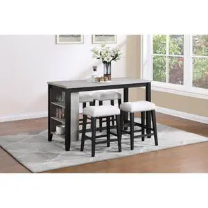 5-Piece Solid Wood Dinner Table Set with Rectangular Table and 4 Padded Stools for Home Bar Cafe, Farmhouse Kitchen Set with Footrest & Built-in Side Shelf for Dining Room (Antique Black) 5-Piece Solid Wood Dinner Table Set with Rectangular Table and 4 Padded Stools for Home Bar Cafe, Farmhouse Kitchen Set with Footrest & Built-in Side Shelf for Dining Room (Antique Black)