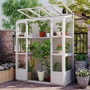 Wooden Greenhouse with 4 Independent Skylights and 2 Folding Middle Shelves for Lawn, Outdoor Walk-in Green House with Four Metal Brackets At Bottom for Growing Flowers, Plants (White) Wooden Greenhouse with 4 Independent Skylights and 2 Folding Middle Shelves for Lawn, Outdoor Walk-in Green House with Four Metal Brackets At Bottom for Growing Flowers, Plants (White)