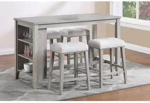 5-Piece Solid Wood Dinner Table Set with Rectangular Table and 4 Padded Stools for Home Bar Cafe, Farmhouse Kitchen Set with Footrest & Built-in Side Shelf for Dining Room (Light Gray) 5-Piece Solid Wood Dinner Table Set with Rectangular Table and 4 Padded Stools for Home Bar Cafe, Farmhouse Kitchen Set with Footrest & Built-in Side Shelf for Dining Room (Light Gray)