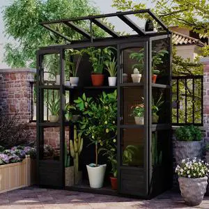 Wooden Greenhouse with 4 Independent Skylights and 2 Folding Middle Shelves for Lawn, Outdoor Walk-in Green House with Four Metal Brackets At Bottom for Growing Flowers, Plants (Black) Wooden Greenhouse with 4 Independent Skylights and 2 Folding Middle Shelves for Lawn, Outdoor Walk-in Green House with Four Metal Brackets At Bottom for Growing Flowers, Plants (Black)