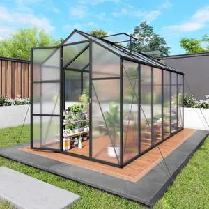 Walk-in Polycarbonate Greenhouse with Aluminum Frame and Double-Door Gate for Growing Flowers, Herbs, Plants, Outdoor Plant Tent with Drainage Gutter System for Backyard, Lawn (New+6x12FT) Walk-in Polycarbonate Greenhouse with Aluminum Frame and Double-Door Gate for Growing Flowers, Herbs, Plants, Outdoor Plant Tent with Drainage Gutter System for Backyard, Lawn (New+6x12FT)