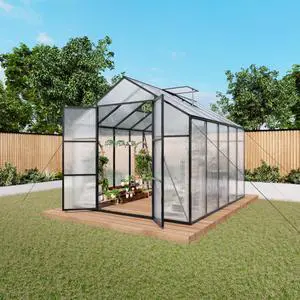 Walk-in Polycarbonate Greenhouse with Aluminum Frame and Double-Door Gate for Growing Flowers, Herbs, Plants, Outdoor Plant Tent with Drainage Gutter System for Backyard, Lawn (8x10FT+Black) Walk-in Polycarbonate Greenhouse with Aluminum Frame and Double-Door Gate for Growing Flowers, Herbs, Plants, Outdoor Plant Tent with Drainage Gutter System for Backyard, Lawn (8x10FT+Black)