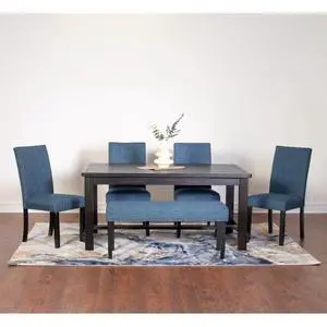 6-Piece Retro Kitchen Set with Rectangular Table and 4 High Back Chairs & 1 Bench for 6, Vintage Dinner Table Set with Brass Nailhead Trim & Footrest for Home Restaurant (Blue) 6-Piece Retro Kitchen Set with Rectangular Table and 4 High Back Chairs & 1 Bench for 6, Vintage Dinner Table Set with Brass Nailhead Trim & Footrest for Home Restaurant (Blue)