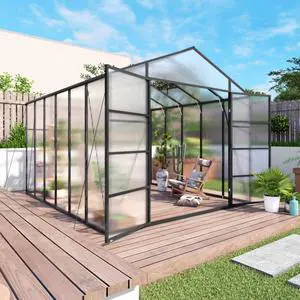 Greenhouse with Aluminium Alloy Frame and High Headroom for Growing Plants, Flowers, Outdoor Plant Green Houses with Drainage Gutter System and Double Door Design for Backyard Greenhouse with Aluminium Alloy Frame and High Headroom for Growing Plants, Flowers, Outdoor Plant Green Houses with Drainage Gutter System and Double Door Design for Backyard