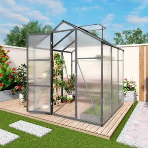 Walk-in Polycarbonate Greenhouse with Aluminum Frame and Double-Door Gate for Growing Flowers, Herbs, Plants, Outdoor Plant Tent with Drainage Gutter System for Backyard, Lawn (6x6FT+Black) Walk-in Polycarbonate Greenhouse with Aluminum Frame and Double-Door Gate for Growing Flowers, Herbs, Plants, Outdoor Plant Tent with Drainage Gutter System for Backyard, Lawn (6x6FT+Black)