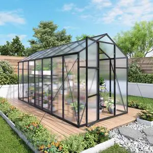 Walk-in Polycarbonate Greenhouse with Aluminum Frame and Double-Door Gate for Growing Flowers, Herbs, Plants, Outdoor Plant Tent with Drainage Gutter System for Backyard, Lawn (New+6x14FT) Walk-in Polycarbonate Greenhouse with Aluminum Frame and Double-Door Gate for Growing Flowers, Herbs, Plants, Outdoor Plant Tent with Drainage Gutter System for Backyard, Lawn (New+6x14FT)