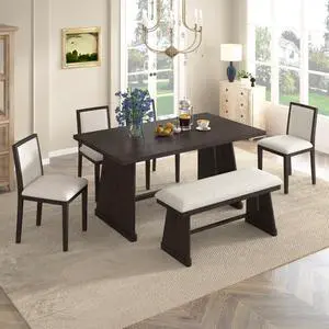 6-Piece Farmhouse Dining Sets with Rectangular Table and 4 Upholstered Chairs & 1 Bench for 6, Rustic Kitchen Set with Solid Wood Frame & Unique Trapezoidal Legs for Dining Room (Espresso) 6-Piece Farmhouse Dining Sets with Rectangular Table and 4 Upholstered Chairs & 1 Bench for 6, Rustic Kitchen Set with Solid Wood Frame & Unique Trapezoidal Legs for Dining Room (Espresso)