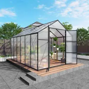 Walk-in Polycarbonate Greenhouse with Aluminum Frame and Double-Door Gate for Growing Flowers, Herbs, Plants, Outdoor Plant Tent with Drainage Gutter System for Backyard, Lawn (8x12FT+Black) Walk-in Polycarbonate Greenhouse with Aluminum Frame and Double-Door Gate for Growing Flowers, Herbs, Plants, Outdoor Plant Tent with Drainage Gutter System for Backyard, Lawn (8x12FT+Black)
