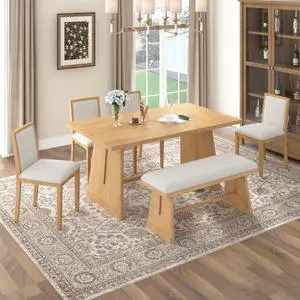 6-Piece Farmhouse Dining Sets with Rectangular Table and 4 Upholstered Chairs & 1 Bench for 6, Rustic Kitchen Set with Solid Wood Frame & Unique Trapezoidal Legs for Dining Room (Natural) 6-Piece Farmhouse Dining Sets with Rectangular Table and 4 Upholstered Chairs & 1 Bench for 6, Rustic Kitchen Set with Solid Wood Frame & Unique Trapezoidal Legs for Dining Room (Natural)