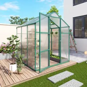 Walk-in Polycarbonate Greenhouse with Aluminum Frame and Double-Door Gate for Growing Flowers, Herbs, Plants, Outdoor Plant Tent with Drainage Gutter System for Backyard, Lawn (6x6FT+Green) Walk-in Polycarbonate Greenhouse with Aluminum Frame and Double-Door Gate for Growing Flowers, Herbs, Plants, Outdoor Plant Tent with Drainage Gutter System for Backyard, Lawn (6x6FT+Green)