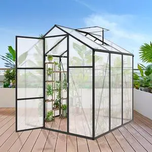 Walk-in Polycarbonate Greenhouse with Aluminum Frame and Double-Door Gate for Growing Flowers, Herbs, Plants, Outdoor Plant Tent with Drainage Gutter System for Backyard, Lawn (New+ 6x6FT) Walk-in Polycarbonate Greenhouse with Aluminum Frame and Double-Door Gate for Growing Flowers, Herbs, Plants, Outdoor Plant Tent with Drainage Gutter System for Backyard, Lawn (New+ 6x6FT)