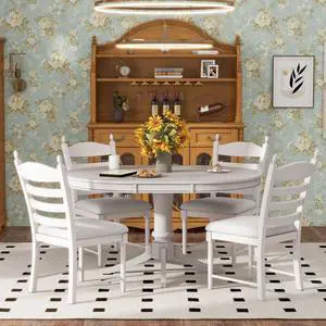 5-Piece Extendable Dining Table Set with Oval Table and 4 Upholstered Chairs for Home Bar Cafe, Vintage Kitchen Table Sets with Solid Wood Frame & Ladder Backrest for 4 (Antique White) 5-Piece Extendable Dining Table Set with Oval Table and 4 Upholstered Chairs for Home Bar Cafe, Vintage Kitchen Table Sets with Solid Wood Frame & Ladder Backrest for 4 (Antique White)