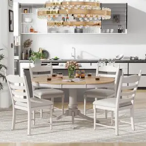 5-Piece Extendable Dining Table Set with Oval Table and 4 Upholstered Chairs for Home Bar Cafe, Vintage Kitchen Table Sets with Solid Wood Frame & Ladder Backrest for 4 (Off White) 5-Piece Extendable Dining Table Set with Oval Table and 4 Upholstered Chairs for Home Bar Cafe, Vintage Kitchen Table Sets with Solid Wood Frame & Ladder Backrest for 4 (Off White)