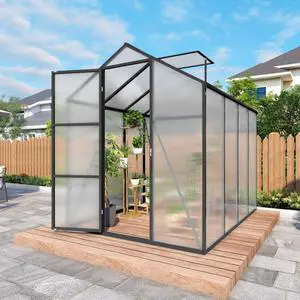 Walk-in Polycarbonate Greenhouse with Aluminum Frame and Double-Door Gate for Growing Flowers, Herbs, Plants, Outdoor Plant Tent with Drainage Gutter System for Backyard, Lawn (New+ 6x8FT) Walk-in Polycarbonate Greenhouse with Aluminum Frame and Double-Door Gate for Growing Flowers, Herbs, Plants, Outdoor Plant Tent with Drainage Gutter System for Backyard, Lawn (New+ 6x8FT)