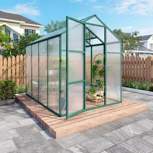 Walk-in Polycarbonate Greenhouse with Aluminum Frame and Double-Door Gate for Growing Flowers, Herbs, Plants, Outdoor Plant Tent with Drainage Gutter System for Backyard, Lawn (6x8FT+Green) Walk-in Polycarbonate Greenhouse with Aluminum Frame and Double-Door Gate for Growing Flowers, Herbs, Plants, Outdoor Plant Tent with Drainage Gutter System for Backyard, Lawn (6x8FT+Green)