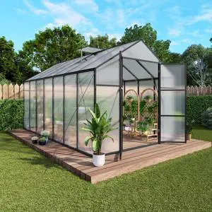 Walk-in Polycarbonate Greenhouse with Aluminum Frame and Double-Door Gate for Growing Flowers, Herbs, Plants, Outdoor Plant Tent with Drainage Gutter System for Backyard, Lawn (8x14FT+Black) Walk-in Polycarbonate Greenhouse with Aluminum Frame and Double-Door Gate for Growing Flowers, Herbs, Plants, Outdoor Plant Tent with Drainage Gutter System for Backyard, Lawn (8x14FT+Black)