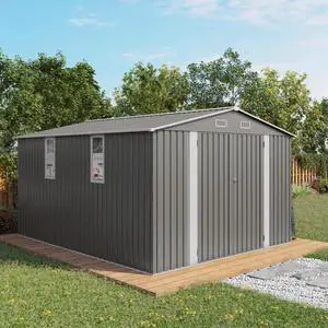Outdoor Storage Shed with Windows and Metal Frame for Poolside, Backyard, Lawn, Shed Tool House with Sloping Roof and 2 Vents & 1 Side Open Door for Garden, Balcony (10x12FT) Outdoor Storage Shed with Windows and Metal Frame for Poolside, Backyard, Lawn, Shed Tool House with Sloping Roof and 2 Vents & 1 Side Open Door for Garden, Balcony (10x12FT)