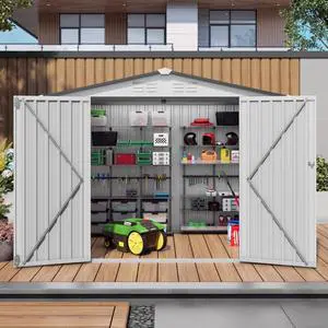 Outdoor Storage Shed with Windows and Metal Frame for Poolside, Backyard, Lawn, Shed Tool House with Sloping Roof and 2 Vents & 1 Side Open Door for Garden, Balcony (8x6FT) Outdoor Storage Shed with Windows and Metal Frame for Poolside, Backyard, Lawn, Shed Tool House with Sloping Roof and 2 Vents & 1 Side Open Door for Garden, Balcony (8x6FT)