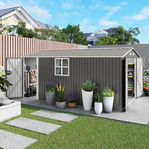 Outdoor Storage Shed with Windows and Metal Frame for Poolside, Backyard, Lawn, Shed Tool House with Sloping Roof and 2 Vents & 1 Side Open Door for Garden, Balcony (10x14FT) Outdoor Storage Shed with Windows and Metal Frame for Poolside, Backyard, Lawn, Shed Tool House with Sloping Roof and 2 Vents & 1 Side Open Door for Garden, Balcony (10x14FT)