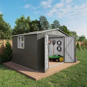 Outdoor Storage Shed with Windows and Metal Frame for Poolside, Backyard, Lawn, Shed Tool House with Sloping Roof and 2 Vents & 1 Side Open Door for Garden, Balcony (10x8FT+Gray) Outdoor Storage Shed with Windows and Metal Frame for Poolside, Backyard, Lawn, Shed Tool House with Sloping Roof and 2 Vents & 1 Side Open Door for Garden, Balcony (10x8FT+Gray)