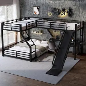 Industrial L-Shaped Metal Triple Bunk Bed with Slide and Ladder, Heavy Duty Steel Corner Loft Bed with USB Ports, Guardrails and Storage Shelf, for Teens Bedroom Playroom (Black Twin XL over Queen) Industrial L-Shaped Metal Triple Bunk Bed with Slide and Ladder, Heavy Duty Steel Corner Loft Bed with USB Ports, Guardrails and Storage Shelf, for Teens Bedroom Playroom (Black Twin XL over Queen)