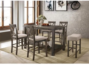 Hassyee 7-Piece Dinner Table Set with Rectangular Table, 4 X-Back Chairs, 2 Padded Stools & Rivets Trim for 6, Vintage Kitchen Table Set with Storage Shelf for Dining Room Hassyee 7-Piece Dinner Table Set with Rectangular Table, 4 X-Back Chairs, 2 Padded Stools & Rivets Trim for 6, Vintage Kitchen Table Set with Storage Shelf for Dining Room