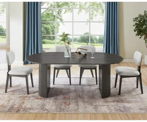 Hassyee 5-Piece Kitchen Set with Oval Table and 4 Fabric Upholstered Chairs for 4, Farmhouse Dining Table and Chairs Set with Dual Semi-Cylinder Base for Home Restaurant Hassyee 5-Piece Kitchen Set with Oval Table and 4 Fabric Upholstered Chairs for 4, Farmhouse Dining Table and Chairs Set with Dual Semi-Cylinder Base for Home Restaurant