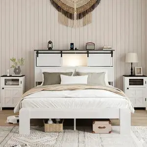 Wood Platform Bed w/Barn Door Storage Headboard,LED&USB for Bedroom,Mid-century Panel Bedframe Mattress Base w/Under-Bed Storage Space&Iron Slats Support for Adult,No Box Spring Needed (White Queen) Wood Platform Bed w/Barn Door Storage Headboard,LED&USB for Bedroom,Mid-century Panel Bedframe Mattress Base w/Under-Bed Storage Space&Iron Slats Support for Adult,No Box Spring Needed (White Queen)