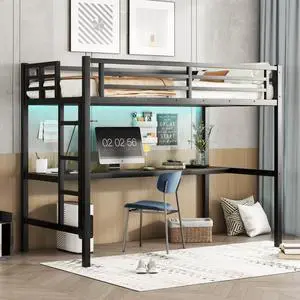 Twin/TwinXL/Queen Size Metal Loft Bed with USB Charging Station and LED Lighted, Dorm Bed with Desk, Guardrails and Ladders, for Master Bedroom Guest Room Apartment, Noise Reduced (Black Twin XL) Twin/TwinXL/Queen Size Metal Loft Bed with USB Charging Station and LED Lighted, Dorm Bed with Desk, Guardrails and Ladders, for Master Bedroom Guest Room Apartment, Noise Reduced (Black Twin XL)