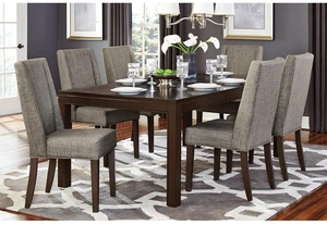 Hassyee 7-Piece Rectangular Dinner Table Set with Extendable Table and 6 Fabric Upholstered Chairs for 6, Vintage Kitchen Table Set with Solid Wood Frame for Family Gathering Hassyee 7-Piece Rectangular Dinner Table Set with Extendable Table and 6 Fabric Upholstered Chairs for 6, Vintage Kitchen Table Set with Solid Wood Frame for Family Gathering