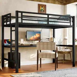 Twin/TwinXL/Queen Size Metal Loft Bed with USB Charging Station and LED Lighted, Dorm Bed with Desk, Guardrails and Ladders, for Master Bedroom Guest Room Apartment, Noise Reduced (Black Twin) Twin/TwinXL/Queen Size Metal Loft Bed with USB Charging Station and LED Lighted, Dorm Bed with Desk, Guardrails and Ladders, for Master Bedroom Guest Room Apartment, Noise Reduced (Black Twin)