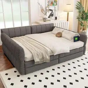 Hassyee King/Queen Size Upholstered Daybed with USB and 2 Storage Drawers, Elegant Captain's Bed with Slats Support and Soft Backrest, Platform Beds for Master Bedroom Guest Room (Gray Queen) Hassyee King/Queen Size Upholstered Daybed with USB and 2 Storage Drawers, Elegant Captain's Bed with Slats Support and Soft Backrest, Platform Beds for Master Bedroom Guest Room (Gray Queen)