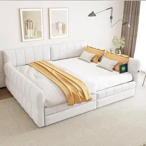 Hassyee King/Queen Size Upholstered Daybed with USB and 2 Storage Drawers, Elegant Captain's Bed with Slats Support and Soft Backrest, Platform Beds for Master Bedroom Guest Room (White Queen) Hassyee King/Queen Size Upholstered Daybed with USB and 2 Storage Drawers, Elegant Captain's Bed with Slats Support and Soft Backrest, Platform Beds for Master Bedroom Guest Room (White Queen)