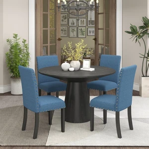 Hassyee 5-Piece Kitchen Set with Round Table and 4 Fabric Upholstered Chairs for 4, Modern Dining Table Set with Wood Pedestal Base & Brass Nailhead Trim for Home Restaurant (Blue) Hassyee 5-Piece Kitchen Set with Round Table and 4 Fabric Upholstered Chairs for 4, Modern Dining Table Set with Wood Pedestal Base & Brass Nailhead Trim for Home Restaurant (Blue)
