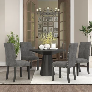 Hassyee 5-Piece Kitchen Set with Round Table and 4 Fabric Upholstered Chairs for 4, Modern Dining Table Set with Wood Pedestal Base & Brass Nailhead Trim for Home Restaurant (Gray) Hassyee 5-Piece Kitchen Set with Round Table and 4 Fabric Upholstered Chairs for 4, Modern Dining Table Set with Wood Pedestal Base & Brass Nailhead Trim for Home Restaurant (Gray)