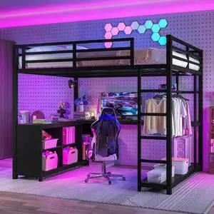 Twin/Queen/Full Size Metal Loft Bed with Ladder, Full Length Guardrails and L-shaped Desk, Dorm Bed with Storage Shelves, Corner Beds for Teens Adults Bedroom Small Spaces Apartment (Black Queen) Twin/Queen/Full Size Metal Loft Bed with Ladder, Full Length Guardrails and L-shaped Desk, Dorm Bed with Storage Shelves, Corner Beds for Teens Adults Bedroom Small Spaces Apartment (Black Queen)
