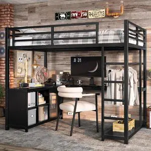 Twin/Queen/Full Size Metal Loft Bed with Ladder, Full Length Guardrails and L-shaped Desk, Dorm Bed with Storage Shelves, Corner Beds for Teens Adults Bedroom Small Spaces Apartment (Black Twin) Twin/Queen/Full Size Metal Loft Bed with Ladder, Full Length Guardrails and L-shaped Desk, Dorm Bed with Storage Shelves, Corner Beds for Teens Adults Bedroom Small Spaces Apartment (Black Twin)