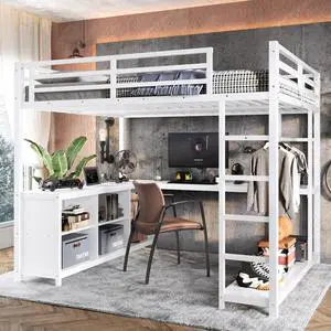 Twin/Queen/Full Size Metal Loft Bed with Ladder, Full Length Guardrails and L-shaped Desk, Dorm Bed with Storage Shelves, Corner Beds for Teens Adults Bedroom Small Spaces Apartment (White Queen) Twin/Queen/Full Size Metal Loft Bed with Ladder, Full Length Guardrails and L-shaped Desk, Dorm Bed with Storage Shelves, Corner Beds for Teens Adults Bedroom Small Spaces Apartment (White Queen)