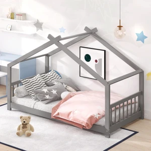 Twin Size Solid Wood House Bed Low Floor Beds w/Roof &Slatted Guardrails for Boys Girls, Creative Montessori Bed Canopy Bedframe w/Wooden Slats Support for Bedroom Dormitory, Can Decorate with Ribbons Twin Size Solid Wood House Bed Low Floor Beds w/Roof &Slatted Guardrails for Boys Girls, Creative Montessori Bed Canopy Bedframe w/Wooden Slats Support for Bedroom Dormitory, Can Decorate with Ribbons