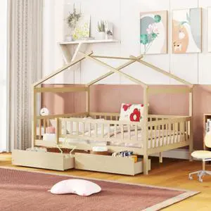Full Wood House Bed Creative Tent Bed w/Roof,4-Sided Guardrails&Wooden Slats Support for Teen,Multi-function Montessori Bedframe w/2 Under-bed Storage Drawer for Bedroom Guestroom,No Box Spring Needed Full Wood House Bed Creative Tent Bed w/Roof,4-Sided Guardrails&Wooden Slats Support for Teen,Multi-function Montessori Bedframe w/2 Under-bed Storage Drawer for Bedroom Guestroom,No Box Spring Needed