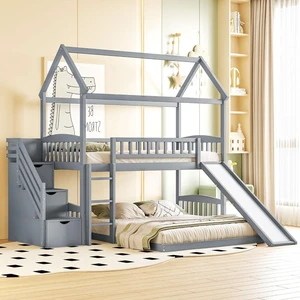 Hassyee Twin Over Full Bunk Bed with Roof, Slide and Storage Staircase, House-Shaped Loft Bed with Safety Guardrail for Boys Girls Bedroom Guest Playroom, No Box Spring Needed (Gray Twin Over Full) Hassyee Twin Over Full Bunk Bed with Roof, Slide and Storage Staircase, House-Shaped Loft Bed with Safety Guardrail for Boys Girls Bedroom Guest Playroom, No Box Spring Needed (Gray Twin Over Full)
